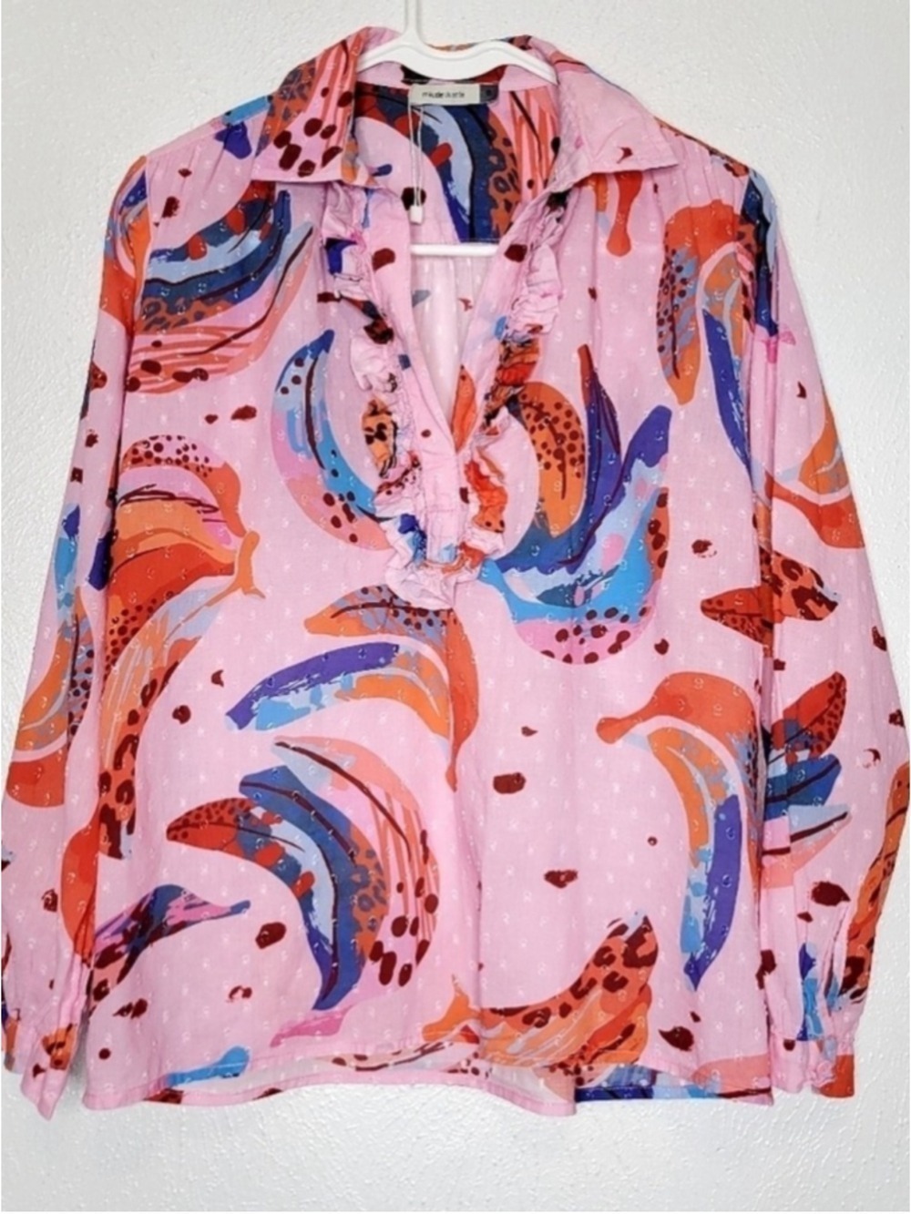 Maude Vivante Ruth Ruffle Pink Banana Print Swiss Dot Blouse Women's Size Small